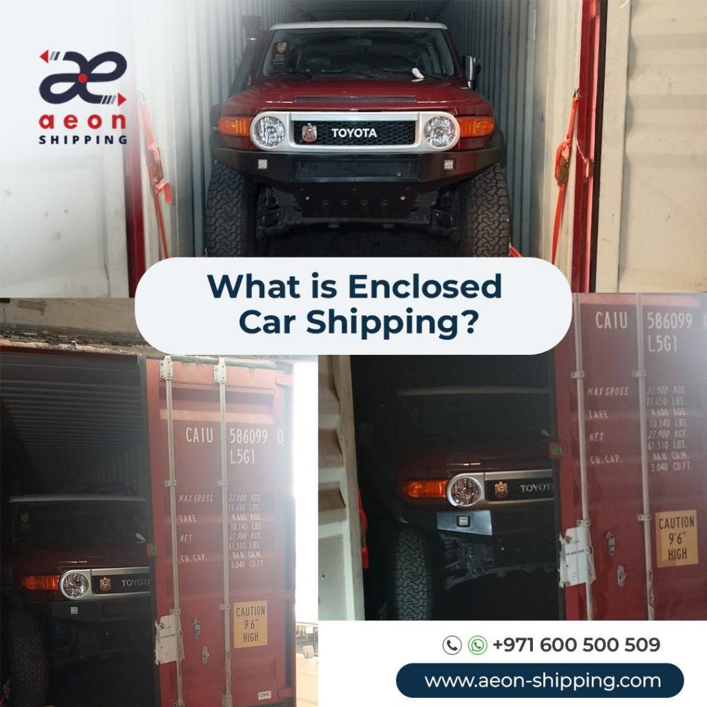 A front-facing view of the red SUV centered inside the container, with orange tie-down straps visible on the sides.