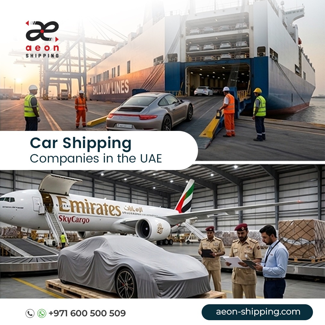 Promotional graphic for Aeon Shipping showcasing luxury car transport via sea freight and Emirates SkyCargo air freight in the UAE.
