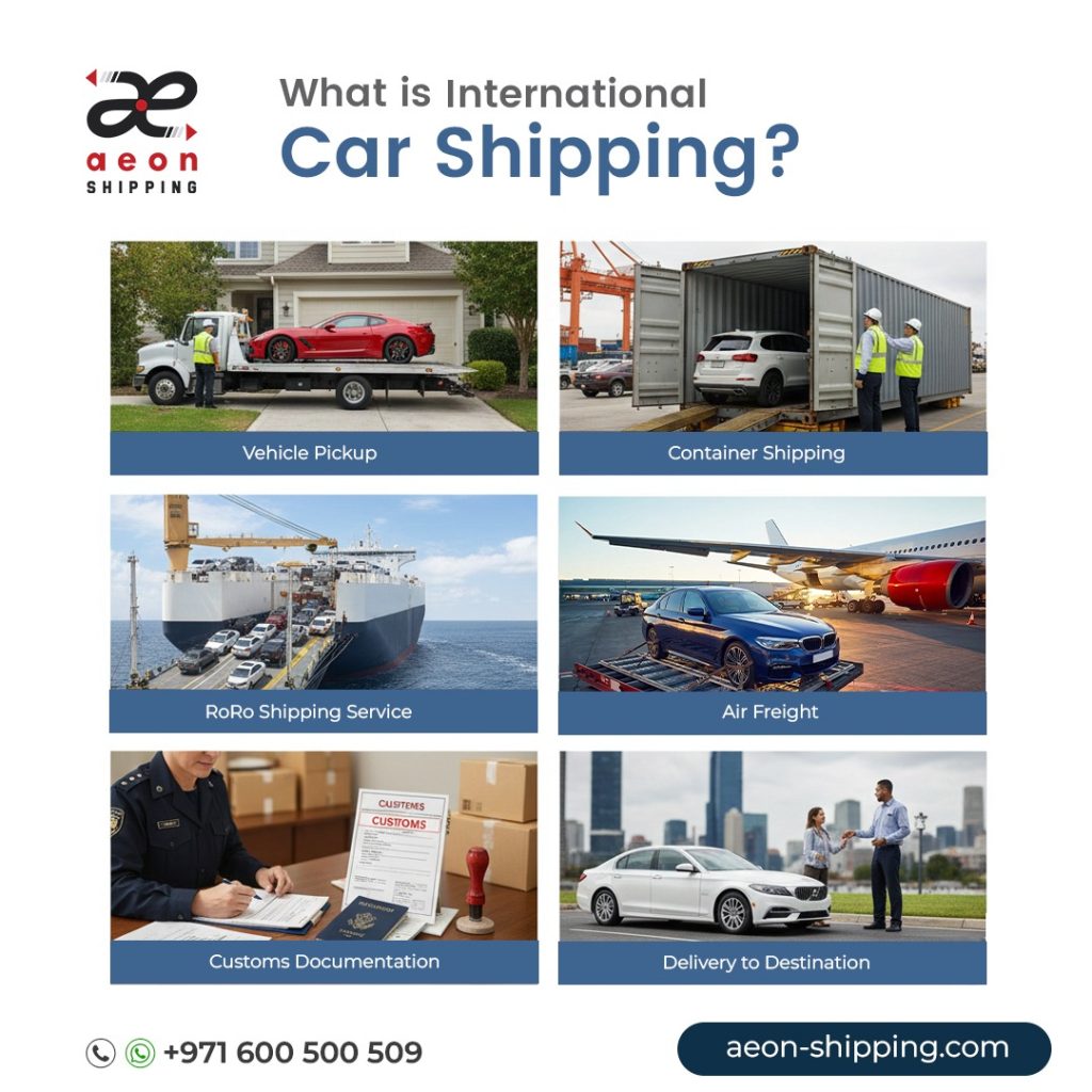 infographic titled "What is International Car Shipping?" featuring the Aeon Shipping logo and six images illustrating the process. Car Shipping