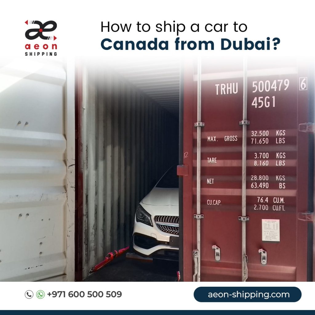 ship a car to Canada. Close-up of an open shipping container door showing a luxury vehicle secured inside. The container features weight and capacity specifications, representing Aeon Shipping's vehicle export services from Dubai to Canada.