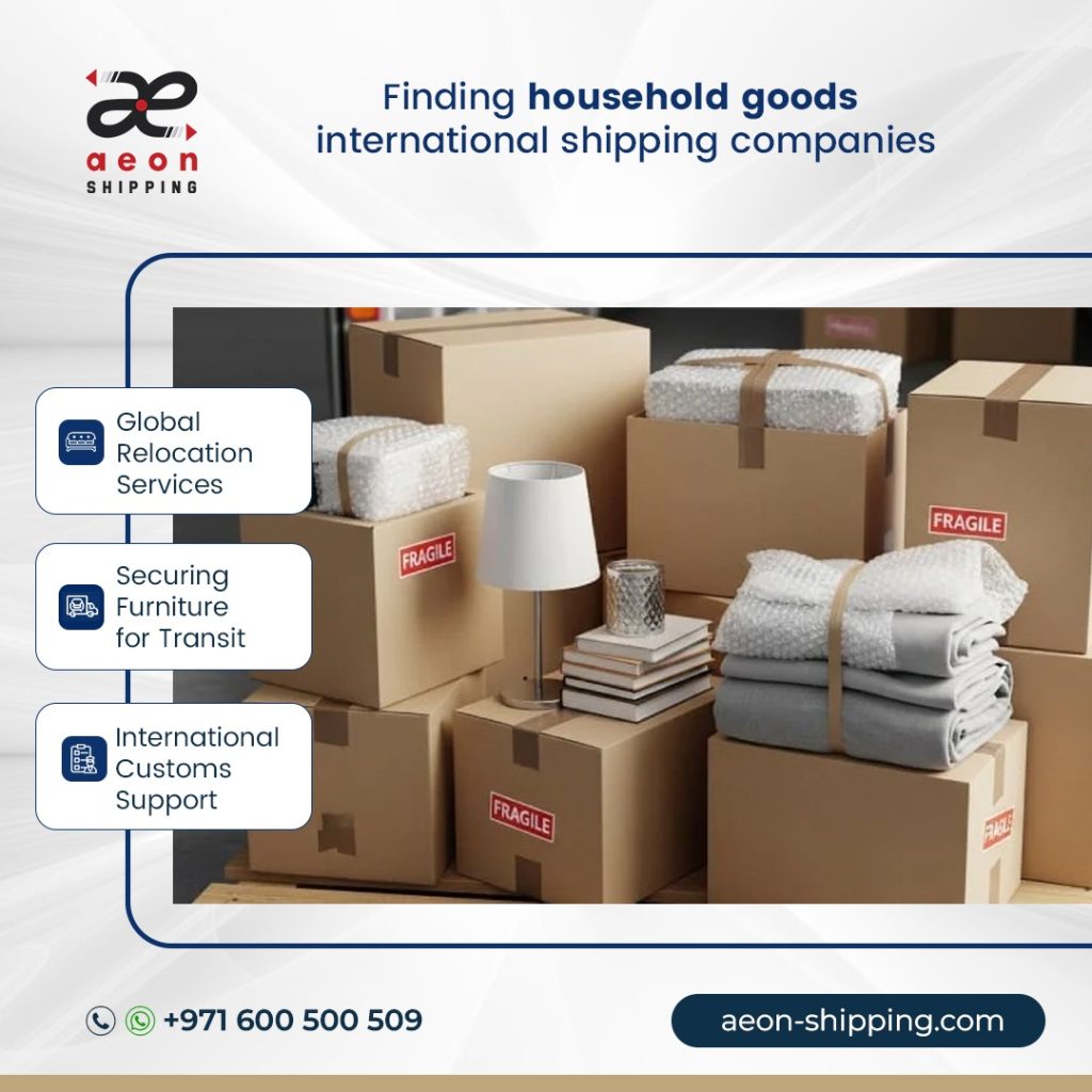 Aeon Shipping promotional banner for finding household goods international shipping companies, showing packed moving boxes with fragile labels, bubble-wrapped furniture, and global relocation service highlights.