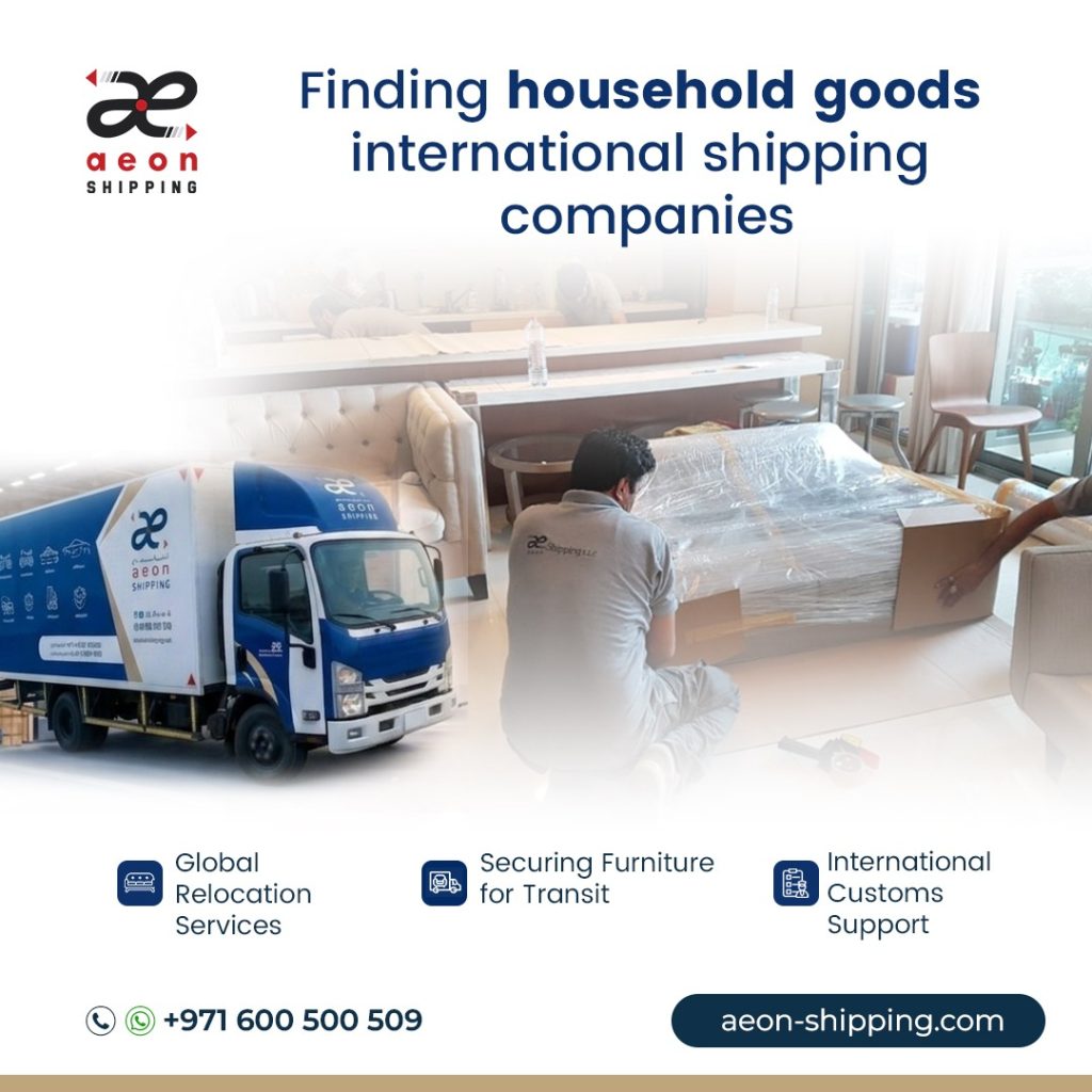 Aeon Shipping promotional graphic for finding household goods international shipping companies, featuring movers wrapping furniture and a branded delivery truck.