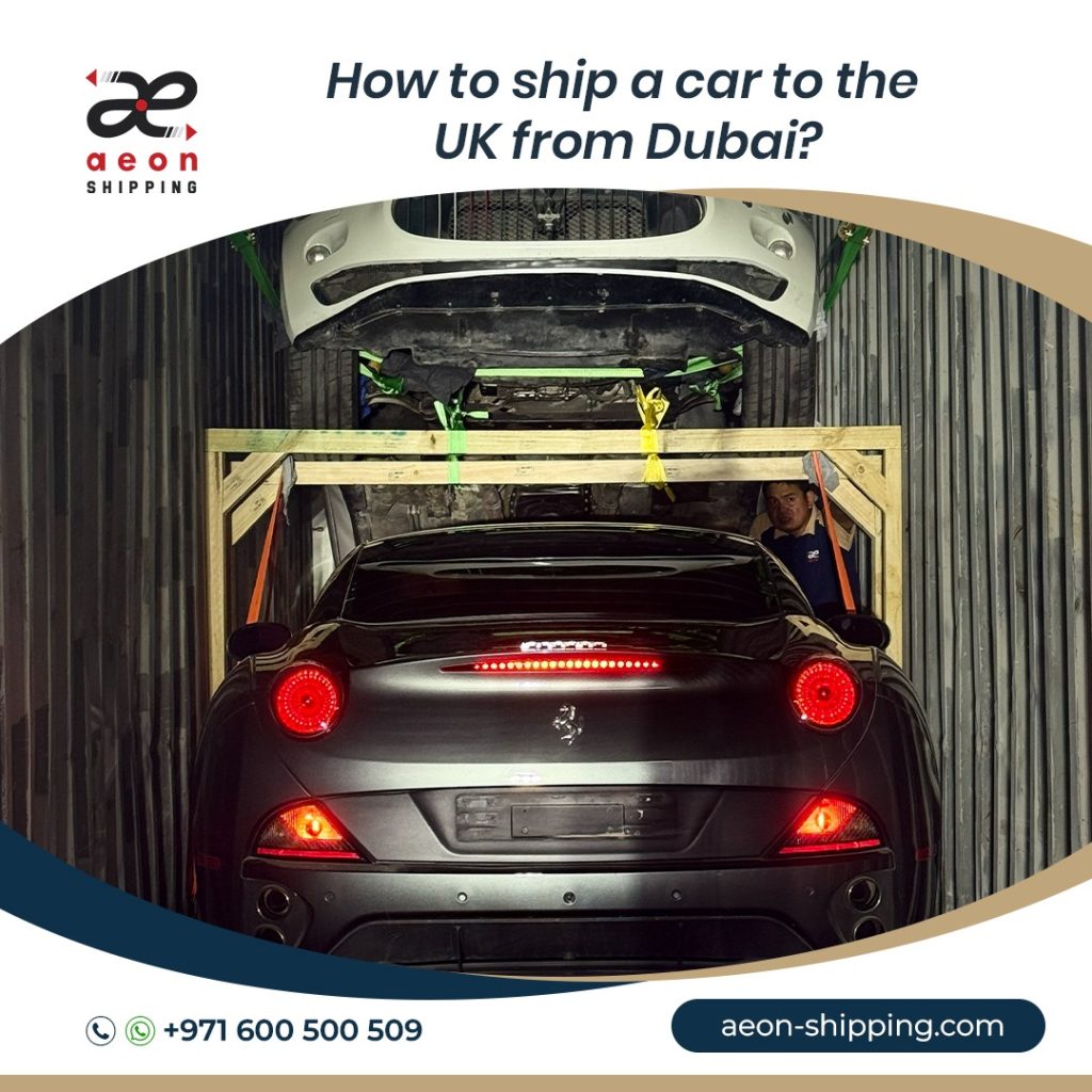 A luxury car being prepared to ship a car to the UK from Dubai. The image showcases secure double-stacking techniques using a heavy-duty wooden frame and industrial straps inside a corrugated steel shipping container.