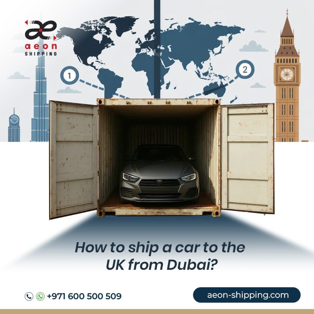 A grey car parked inside an open shipping container, positioned between illustrations of the Dubai skyline and London's Big Ben. The text reads "How to ship a car to the UK from Dubai?" with Aeon Shipping branding.